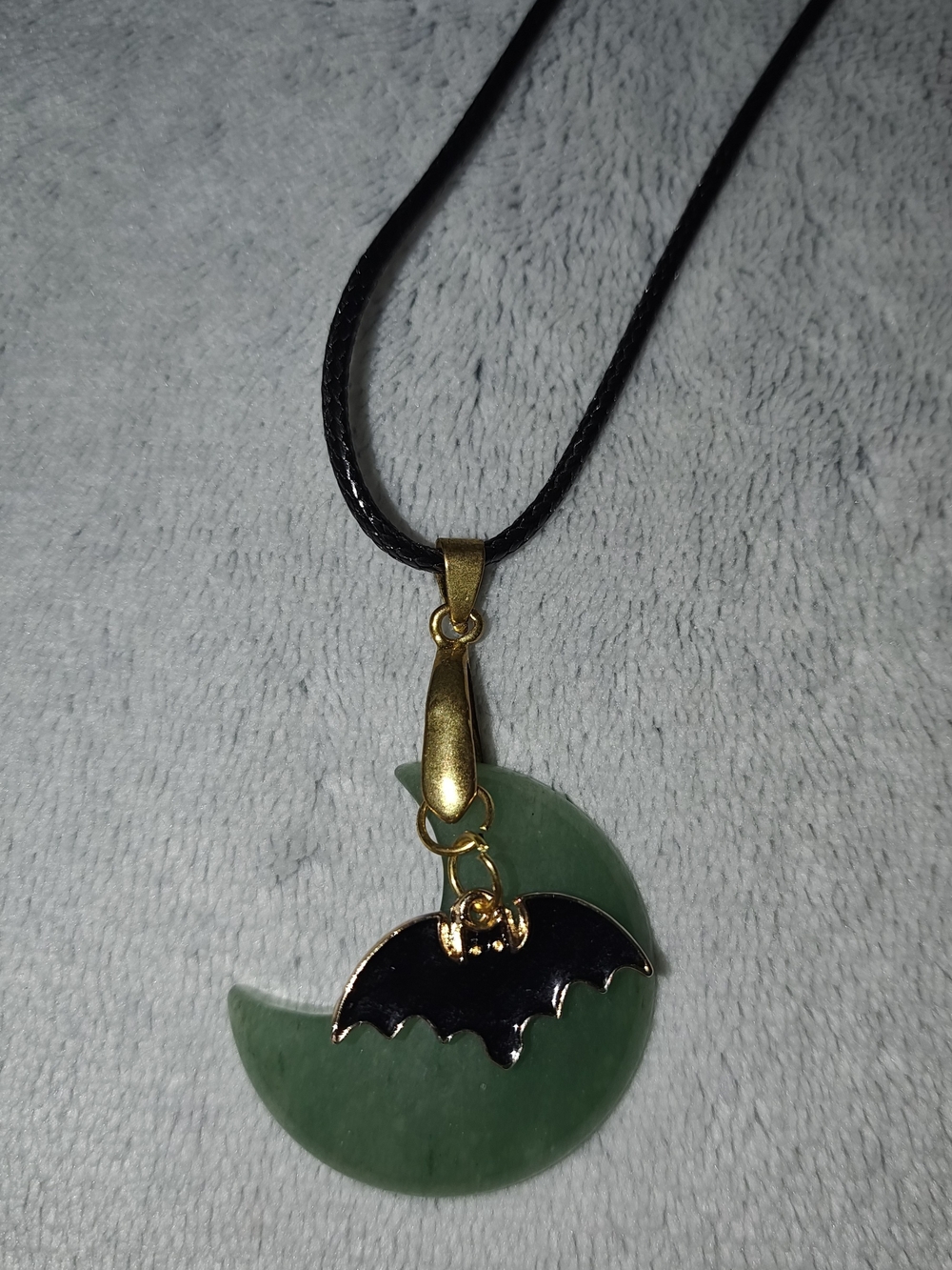 Gold and Black Bat Pendant Necklace with Green Crescent Stone - Handmade Jewelry